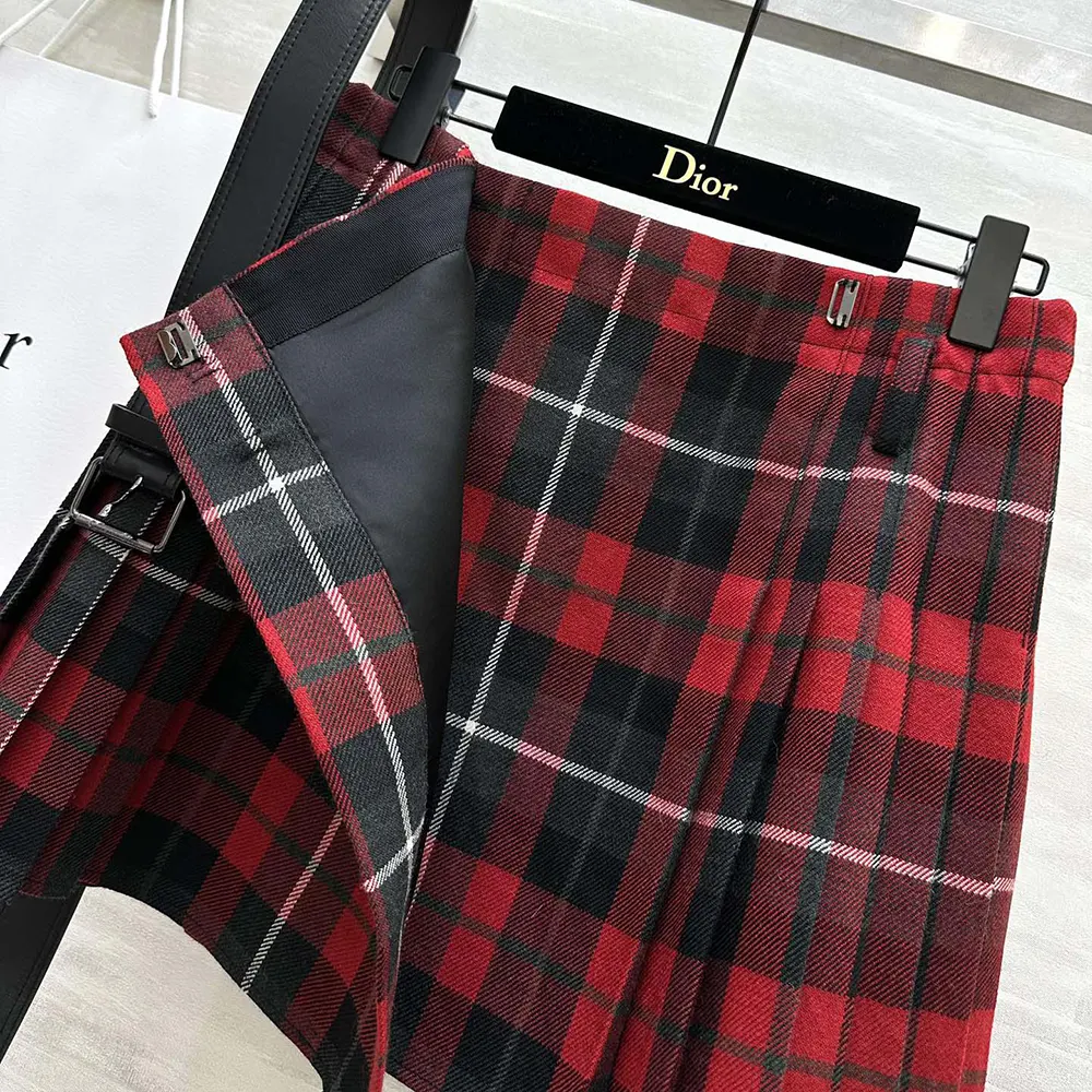 Dior Women Belted Short Kilt Red Gray and Black Check’n’Dior Virgin Wool - image 6