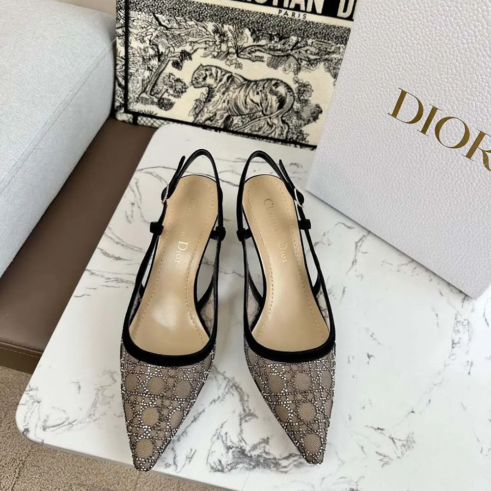 Close-up of silver-tone strass Cannage motif on Dior Women Capture Slingback Pump