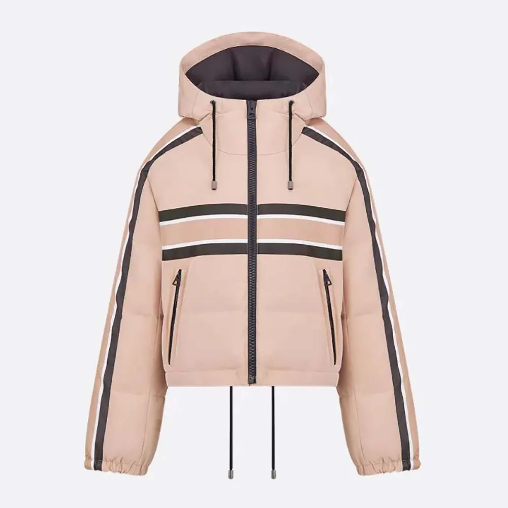 Front view of Dior Women DiorAlps Hooded Cropped Puffer Jacket Pink Quilted Technical Fabric