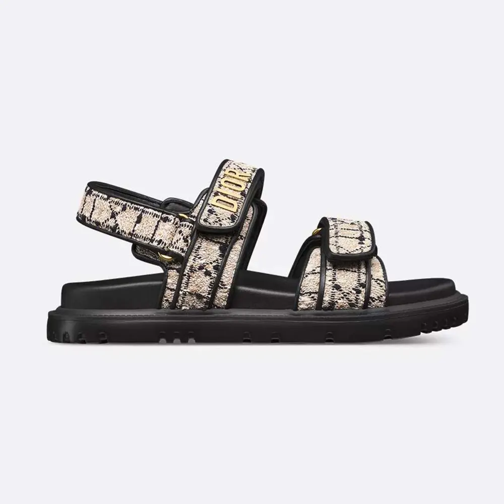 Side view of Dior Women Dioract Sandal Beige and Black Cannage Tweed