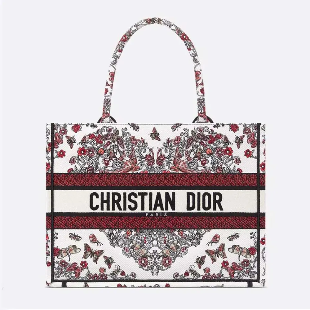 Front angle of Dior Women Dioramour Medium Dior Book Tote Latte Embroidery in red