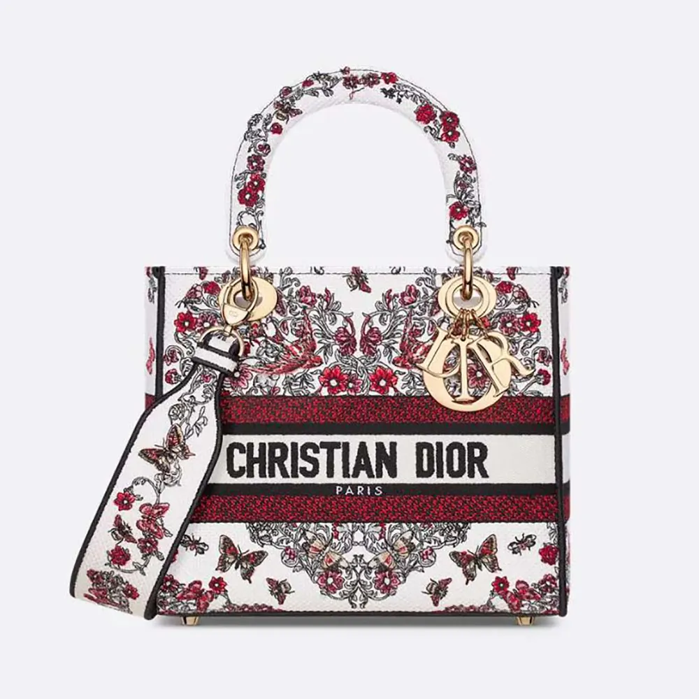 Front view of Dior Women Dioramour Medium Lady D-Lite Bag White Embroidery