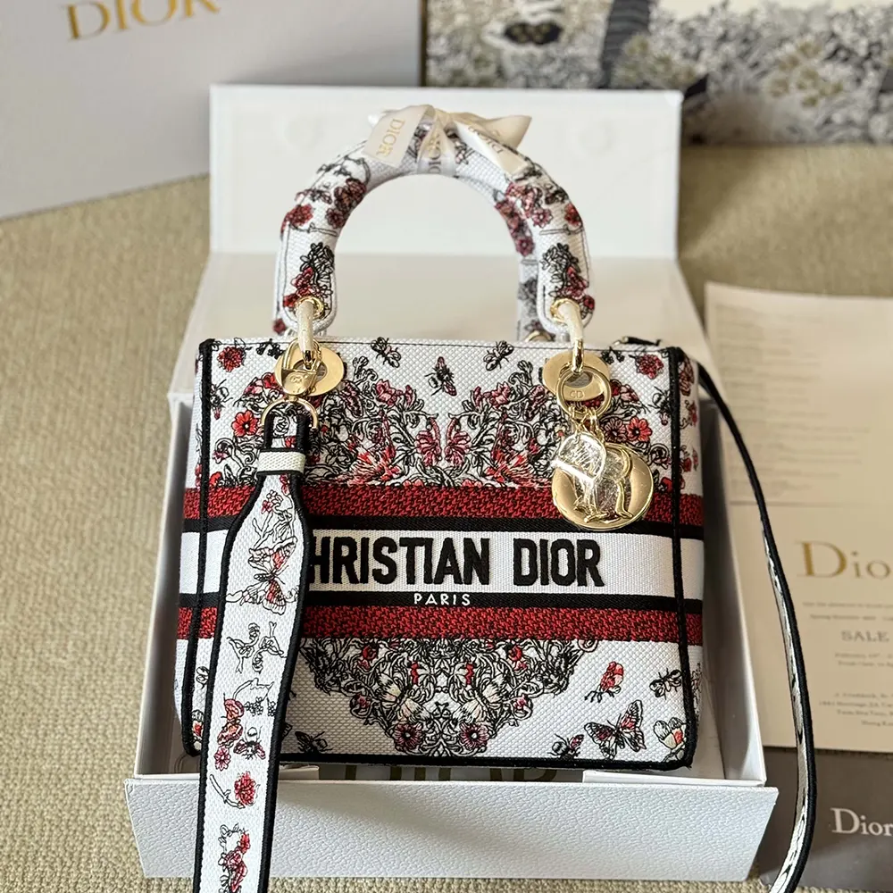 Side angle showing adjustable strap on Dior Women Dioramour Medium Lady D-Lite Bag