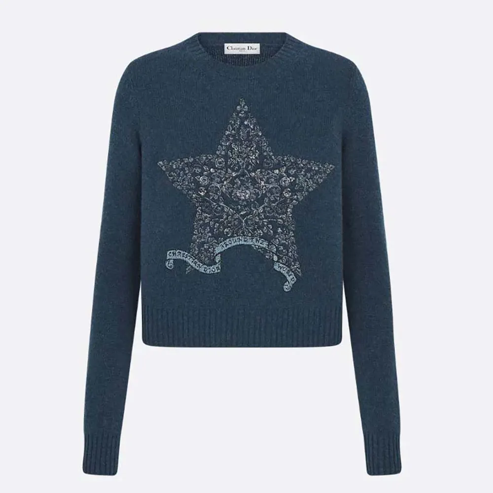 Dior Women Embroidered Sweater Blue Cashmere Knit