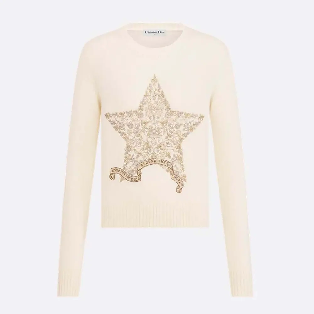 Front view of Dior Women Embroidered Sweater Ecru Cashmere Knit in white