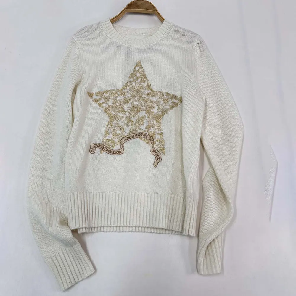 Close-up of embroidered detail on Dior Women Embroidered Sweater Ecru Cashmere Knit
