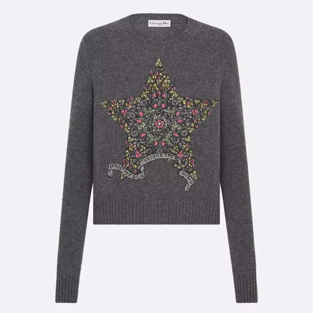 Dior Women Embroidered Sweater Gray Cashmere Knit