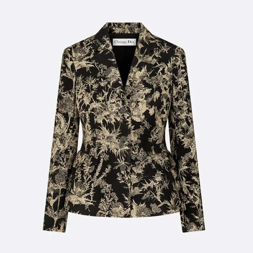 Front view of Dior Women Fitted Jacket Black Technical Fabric with gold motif
