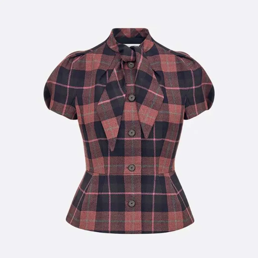 Front view of Dior Women Fitted Short-Sleeved Jacket Pink Gray White Check