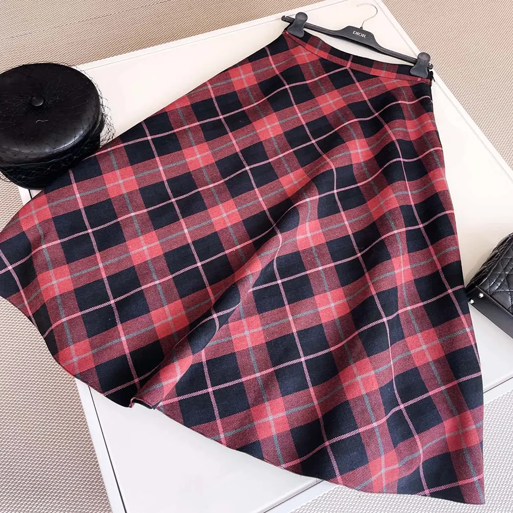 Dior Women Flared Mid-Length Skirt Pink Gray and White Check’n’Dior Virgin Wool - image 5