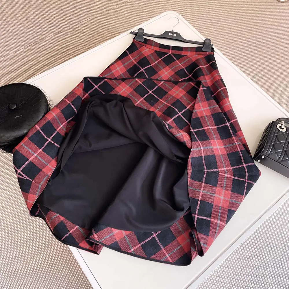 Dior Women Flared Mid-Length Skirt Pink Gray and White Check’n’Dior Virgin Wool - image 6