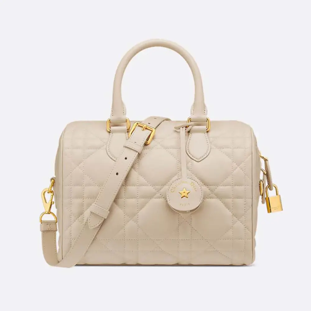 Front view of Dior Women Groove 25 Bag Dusty Ivory Macrocannage Calfskin