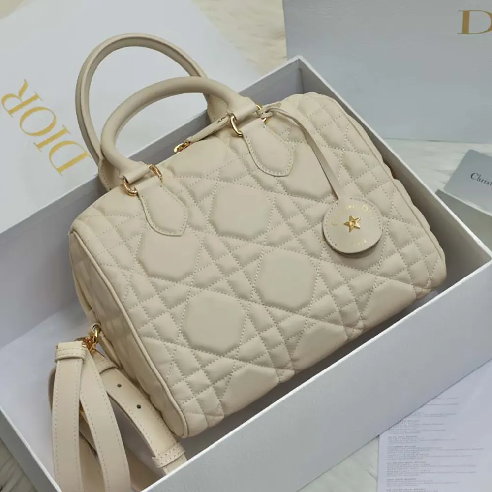 Close-up of macrocannage stitching and gold closure on Dior Women Groove 25 Bag