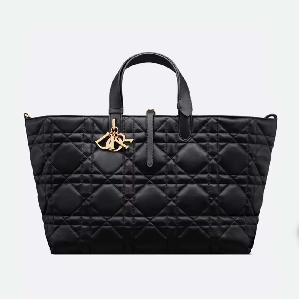 Front view of Dior Women Large Dior Toujours Bag Black Macrocannage Calfskin
