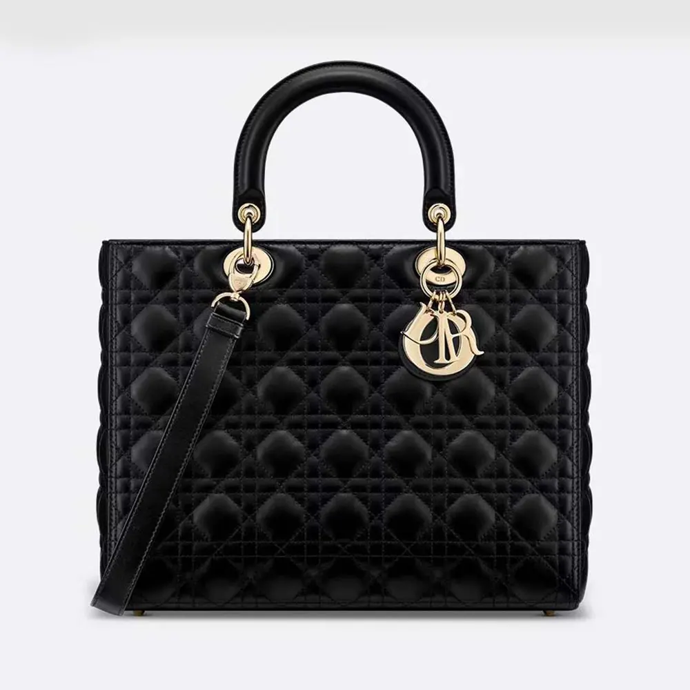 Front angle of Dior Women Large Lady Dior Bag Black Cannage Lambskin