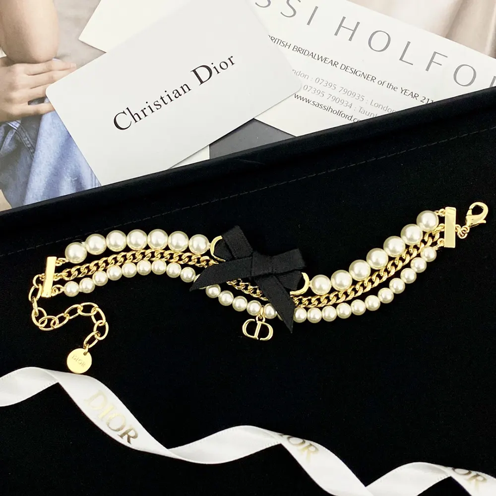Dior Women Le Nœud de Dior Bracelet Gold-Finish Metal with White Resin Pearls and Black Satin - image 4