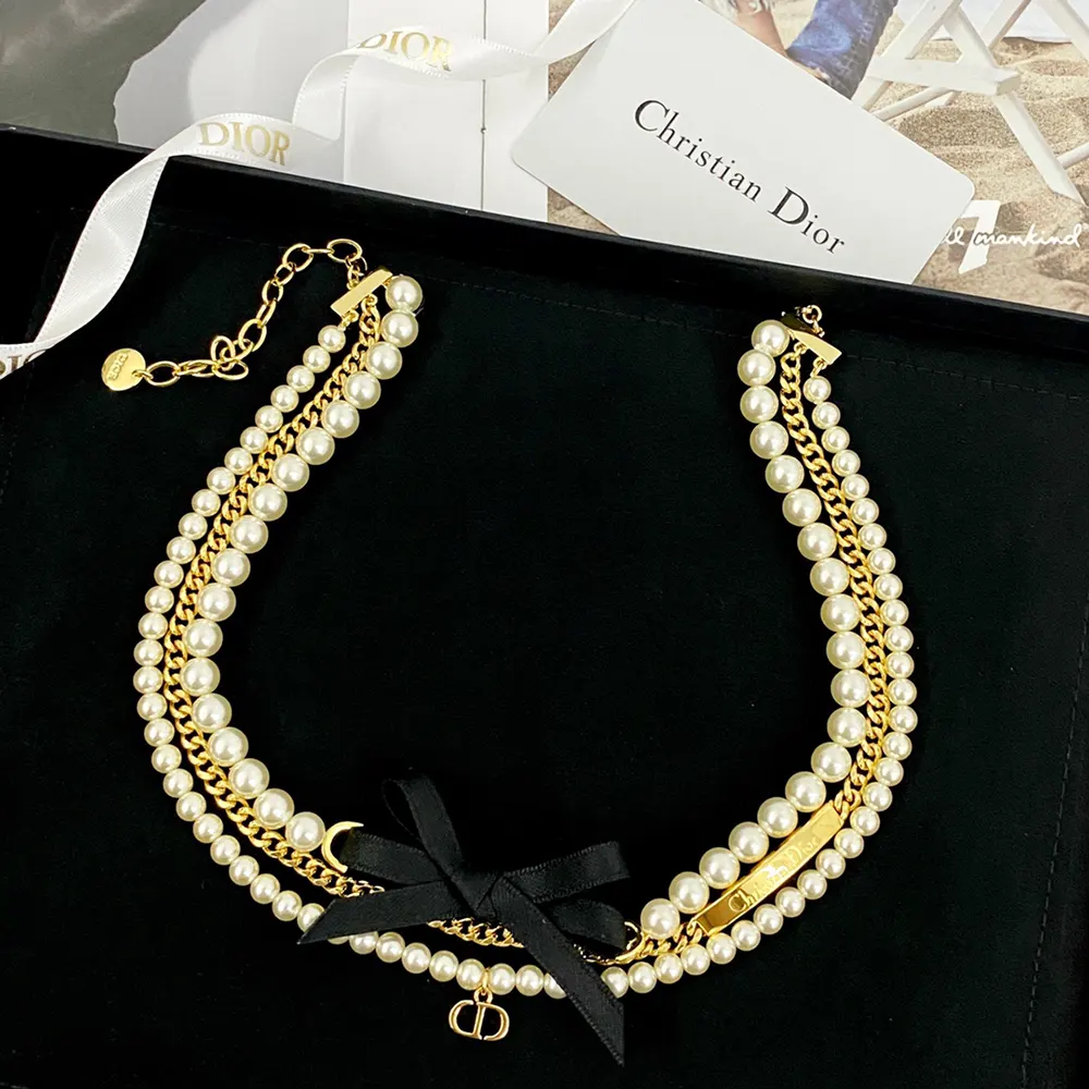 Dior Women Le Nœud de Dior Choker Gold-Finish Metal with White Resin Pearls and Black Satin - image 4