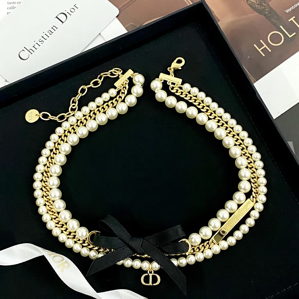 Dior Women Le Nœud de Dior Choker Gold-Finish Metal with White Resin Pearls and Black Satin - image 5