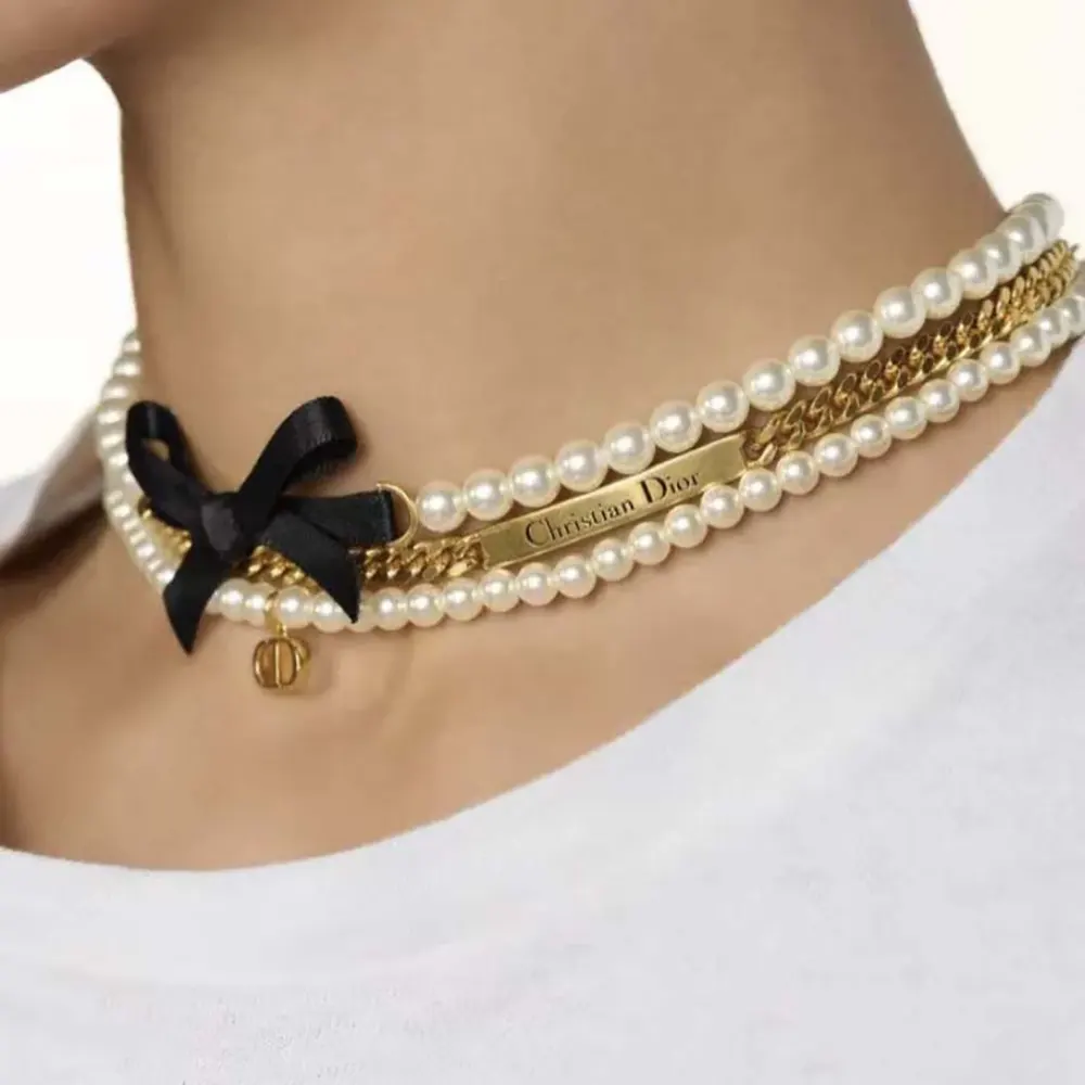 Dior Women Le Nœud de Dior Choker Gold-Finish Metal with White Resin Pearls and Black Satin - image 9
