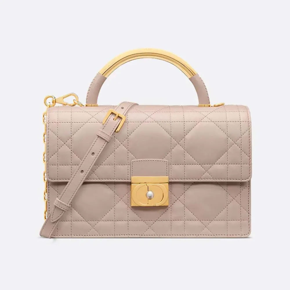 Front view of Dior Women Medium Dior Ange Bag Trench Beige Macrocannage Lambskin in pink