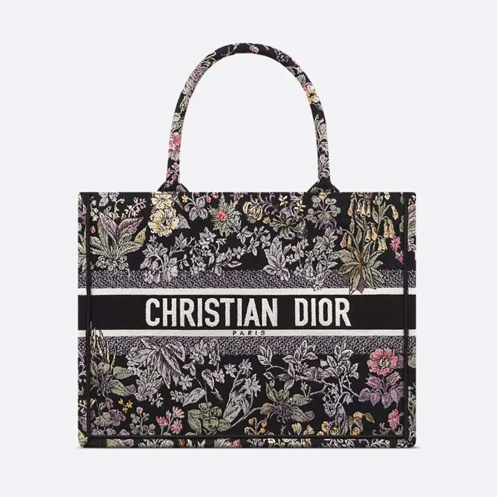 Front view of Dior Women Medium Dior Book Tote Black Embroidery with unicorn motif