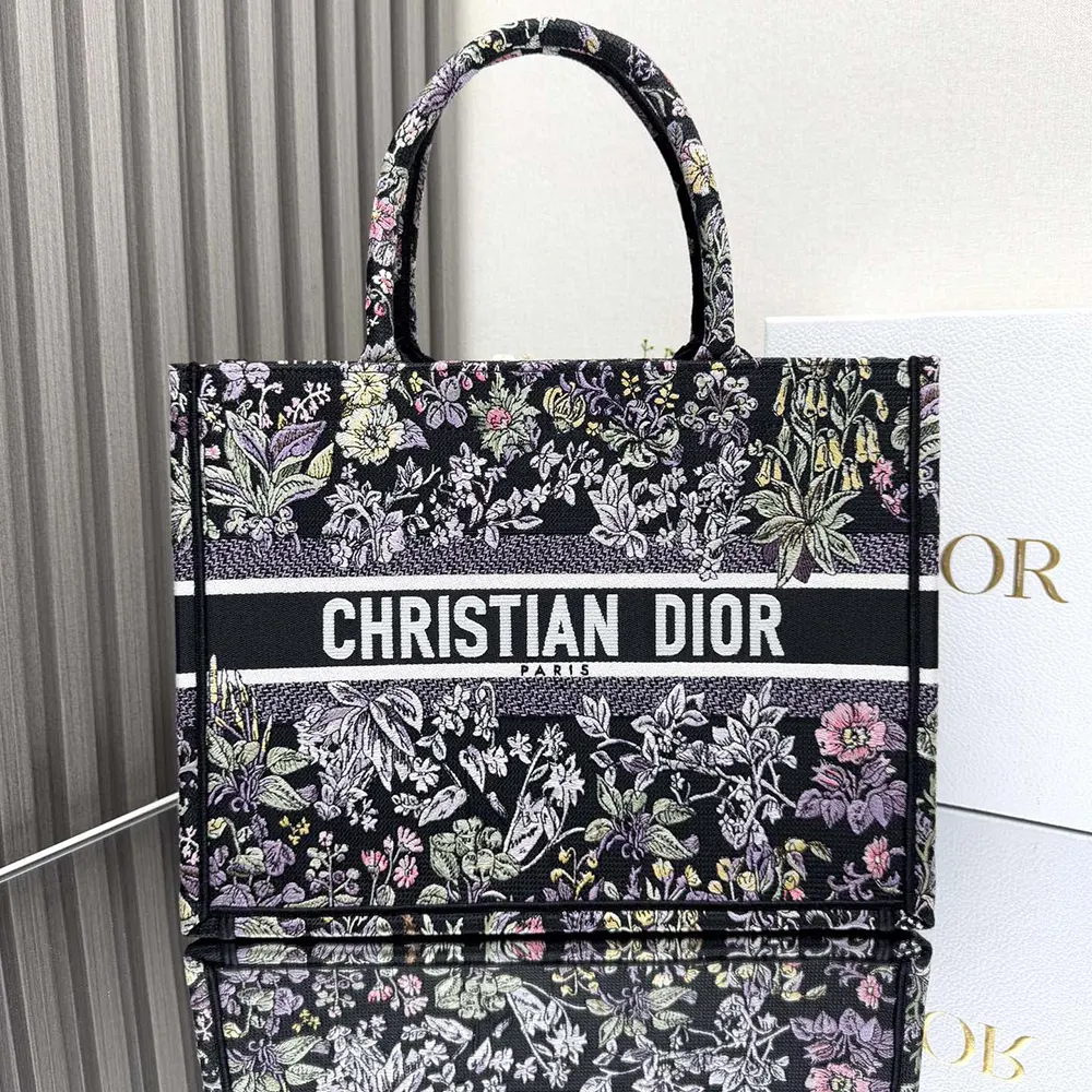 Close-up of multicolor Millefiori unicorn embroidery on Dior Women Medium Dior Book Tote