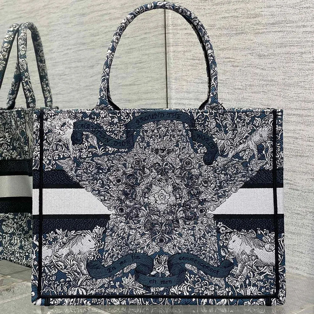 Side profile showing silver hardware on Dior Women Medium Dior Book Tote