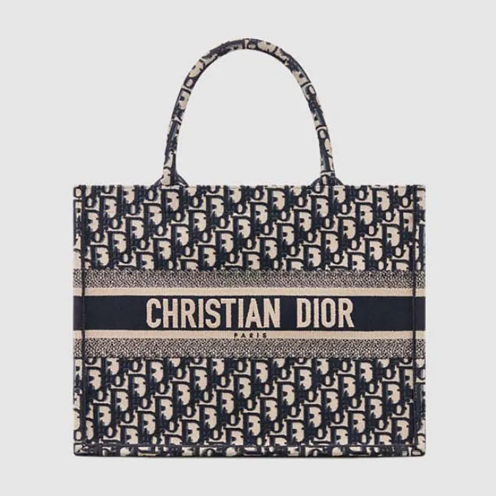 Front view of Dior Women Medium Dior Book Tote Ecru and Blue Dior Oblique Embroidery