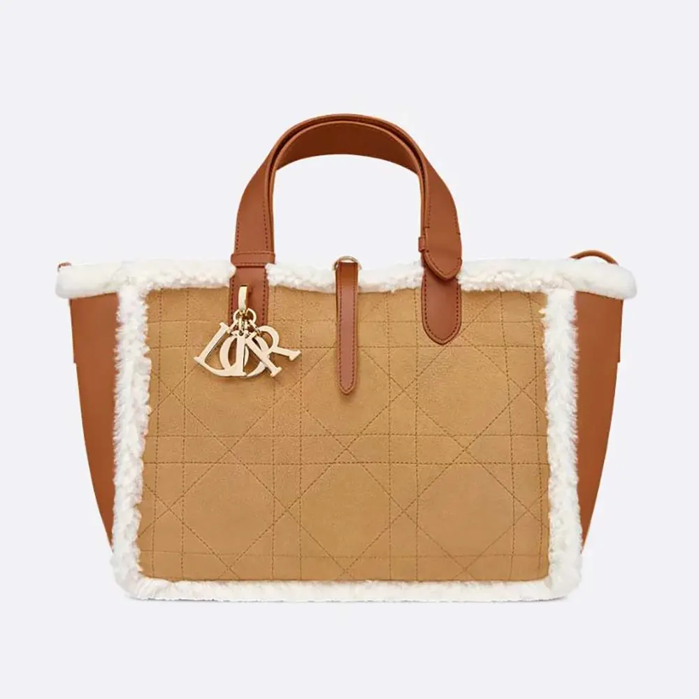 Front angle of Dior Women Medium Dior Toujours Bag Beige Macrocannage Suede