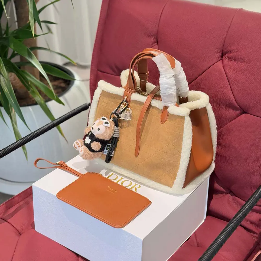 Dior Women Medium Dior Toujours Bag Beige Macrocannage Suede and Ecru Lambskin Shearling - image 4