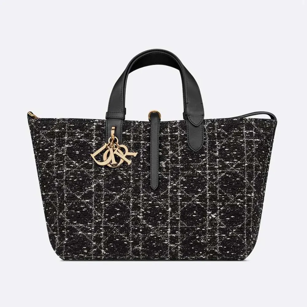 Front angle of Dior Women Medium Dior Toujours Bag Black Tweed with White Cannage Motif