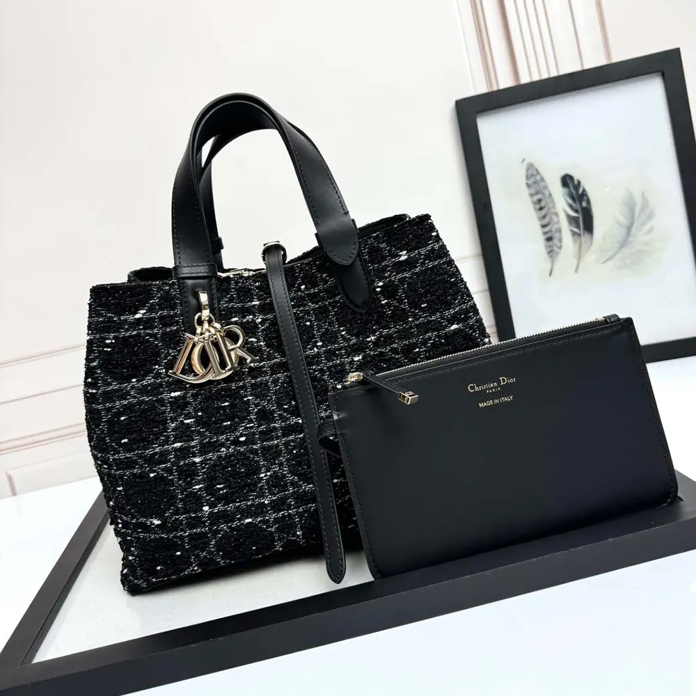 Side profile showcasing silhouette of Dior Women Medium Dior Toujours Bag Black Tweed