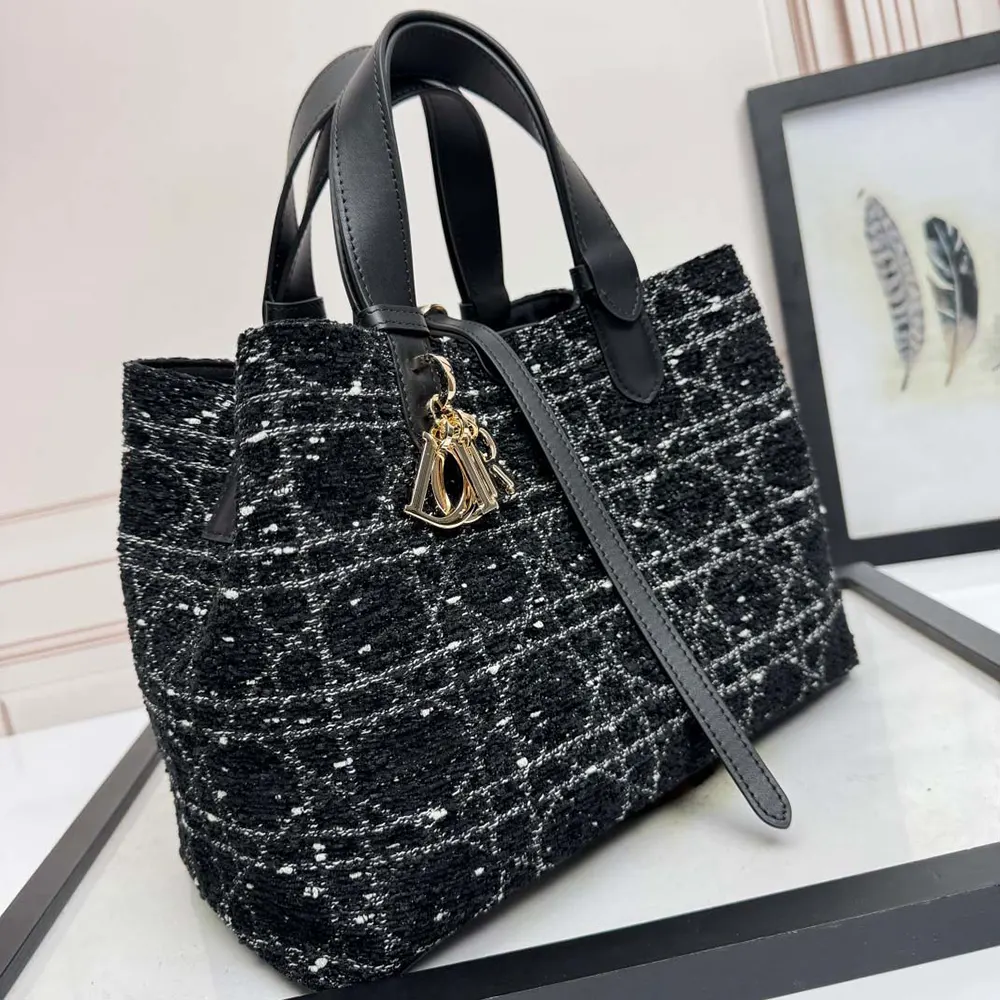 Dior Women Medium Dior Toujours Bag Black Tweed with White Cannage Motif - image 5