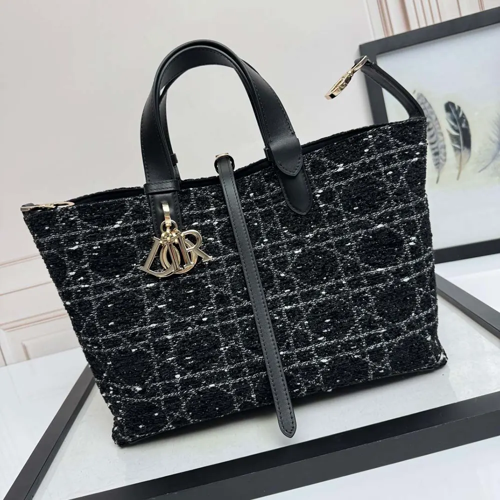 Dior Women Medium Dior Toujours Bag Black Tweed with White Cannage Motif - image 4