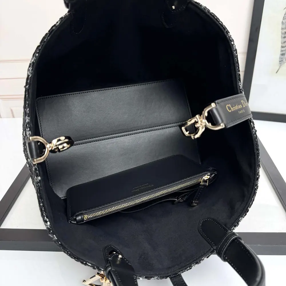 Dior Women Medium Dior Toujours Bag Black Tweed with White Cannage Motif - image 7