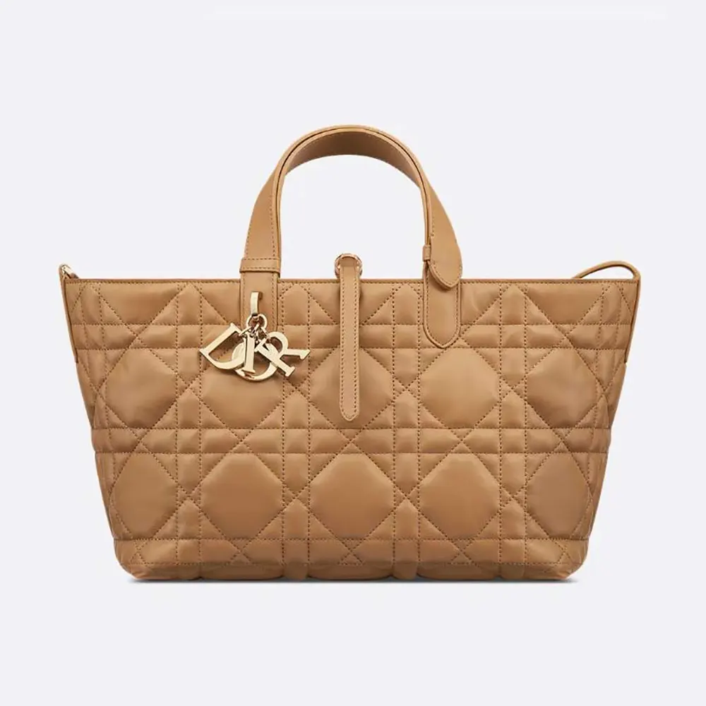 Front view of Dior Women Medium Dior Toujours Bag Medium Tan Macrocannage Calfskin