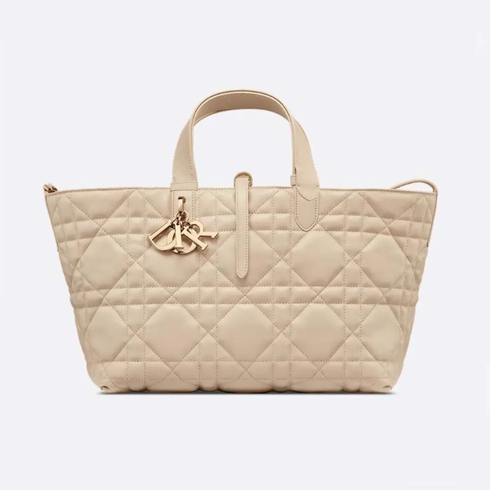 Front angle of Dior Women Medium Dior Toujours Bag Powder Beige Macrocannage Calfskin