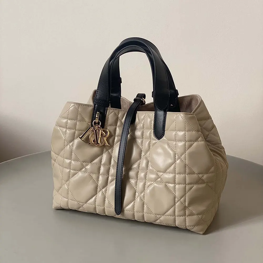 Side angle showing rope detailing on Dior Women Medium Dior Toujours Bag Rope
