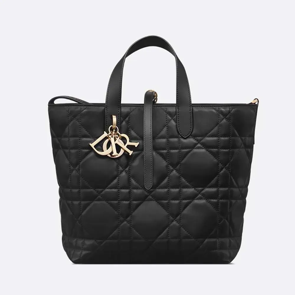 Front view of Dior Women Medium Dior Toujours Vertical Tote Bag in black calfskin