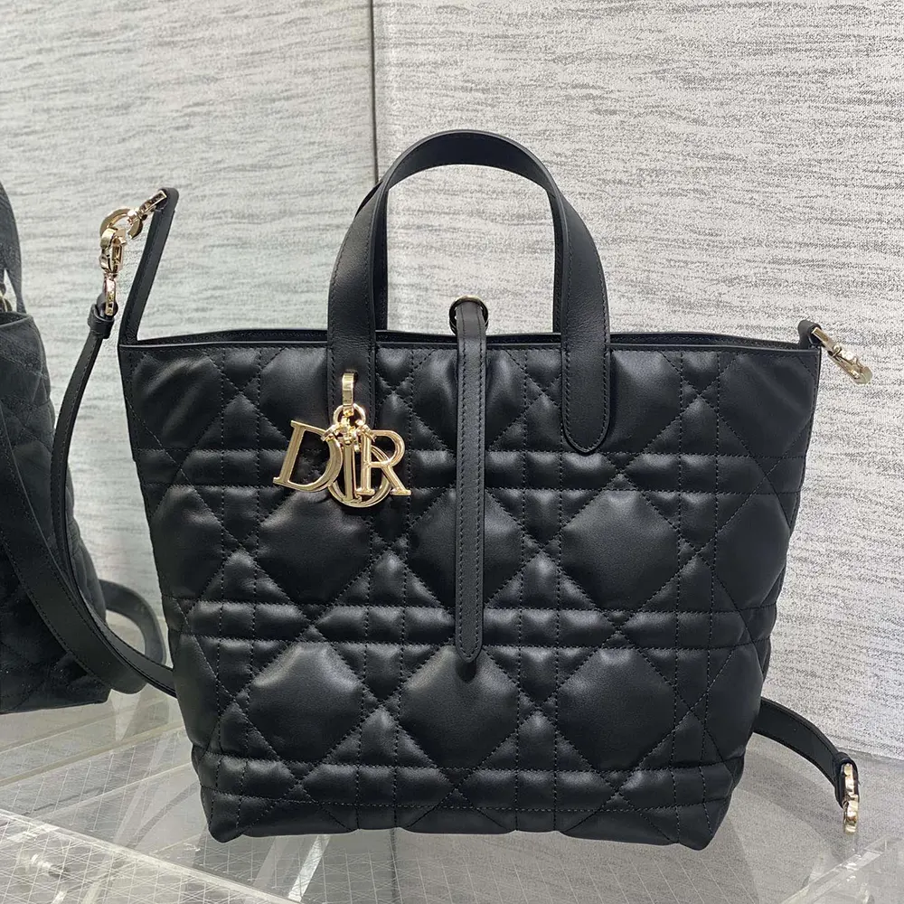 Close-up of black Macrocannage calfskin texture and silver Dior hardware