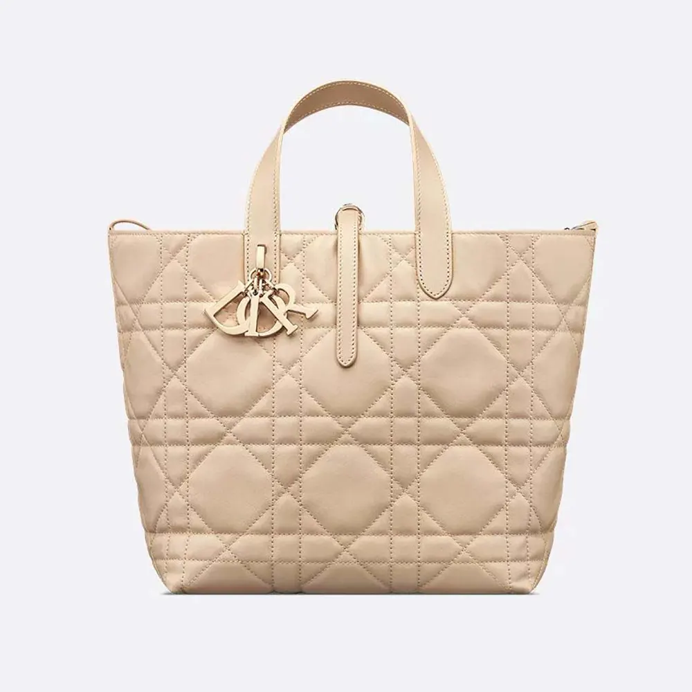 Front view of Dior Women Medium Dior Toujours Vertical Tote Bag in powder beige