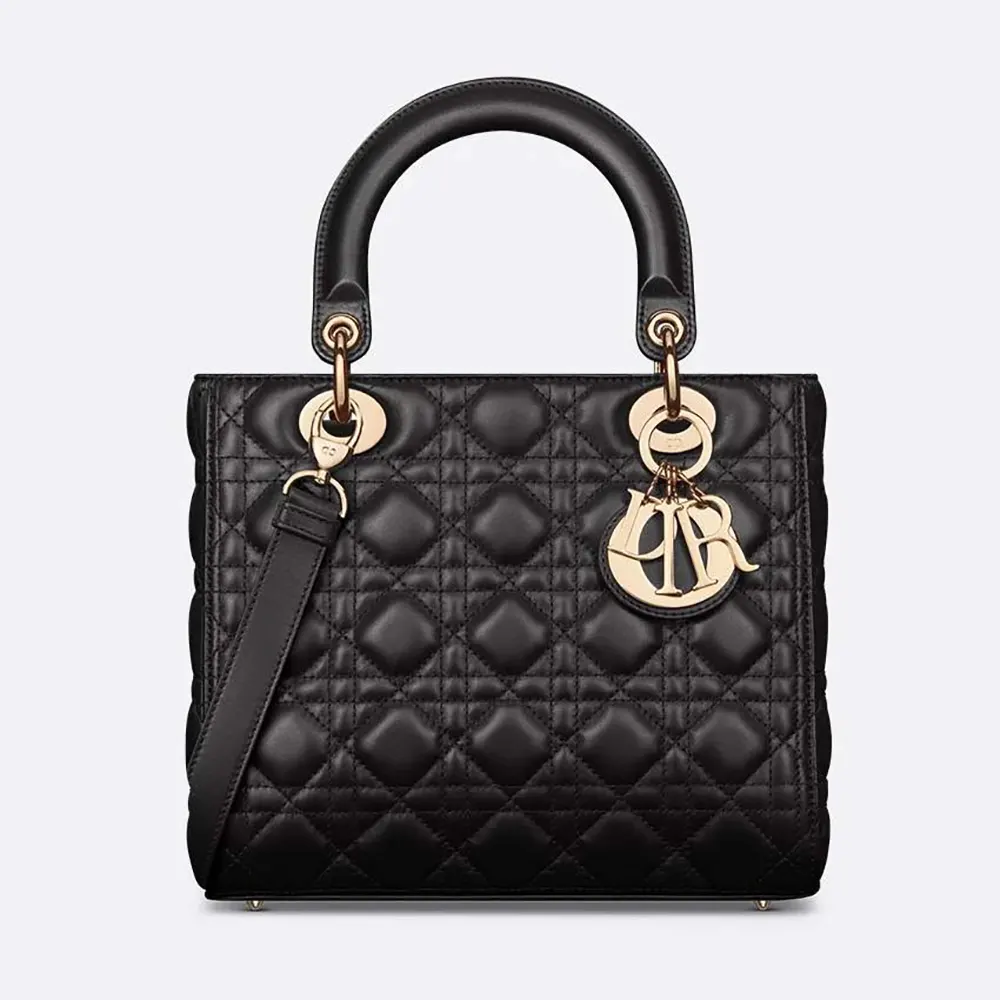 Front view of Dior Women Medium Lady Dior Bag Black Cannage Lambskin