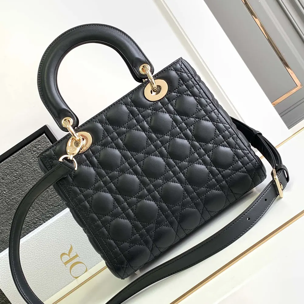 Close-up of signature Cannage quilting on Lady Dior bag black lambskin