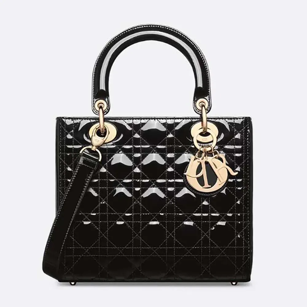 Front view of Dior Women Medium Lady Dior Bag Black Patent Cannage Calfskin