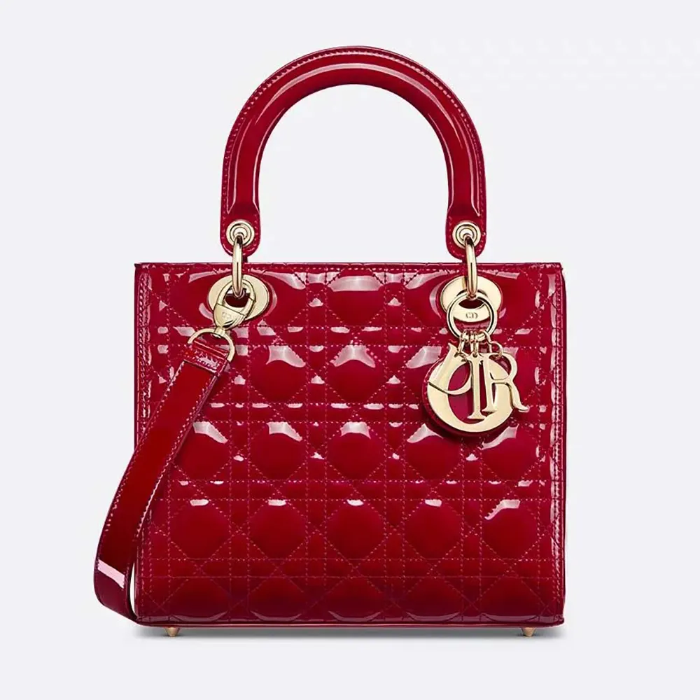 Front angle of Dior Women Medium Lady Dior Bag Cherry Red Patent Cannage Calfskin
