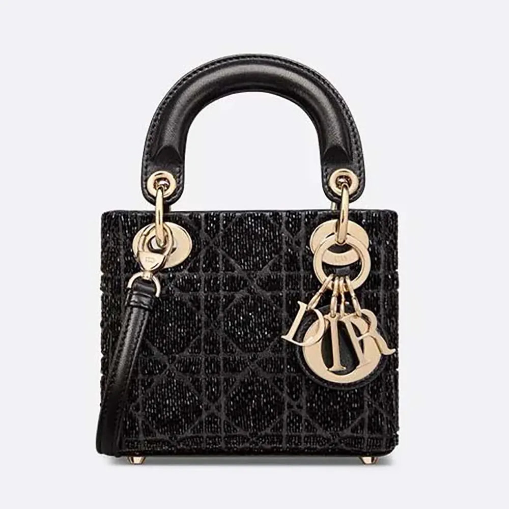 Front view of Dior Women Micro Lady Dior Bag Gray Metallic Cannage Lambskin with Bead Embroidery
