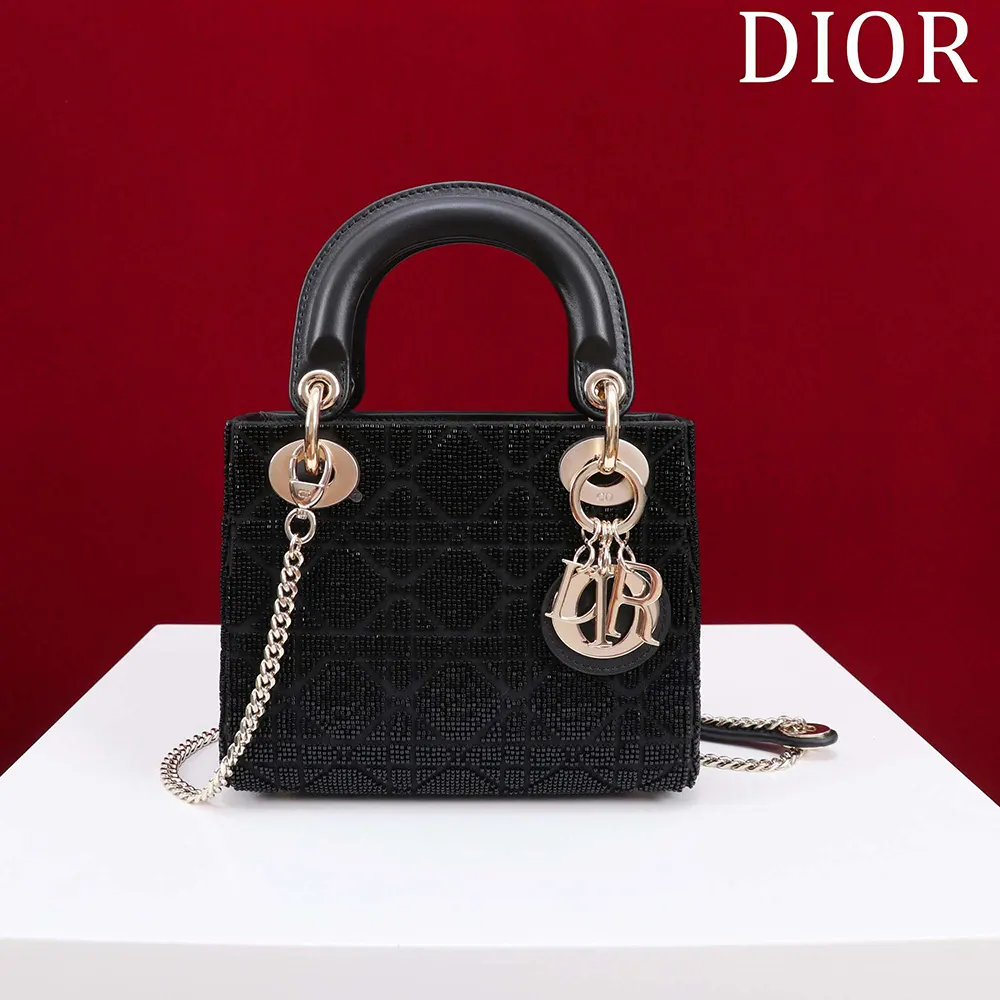 Close-up of bead embroidery on Dior Women Micro Lady Dior Bag Gray Metallic Lambskin