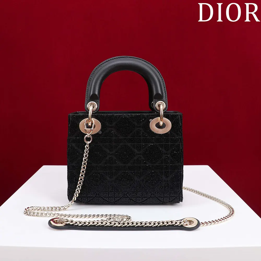 Side angle showing metallic lambskin texture and signature hardware of Dior Women Micro Lady Dior Bag