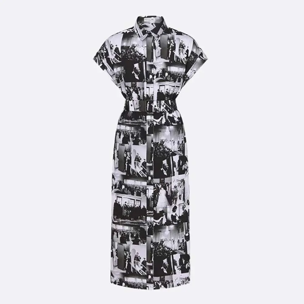 Front view of Dior Women Mid-Length Shirtdress Black and White Cotton and Silk Poplin