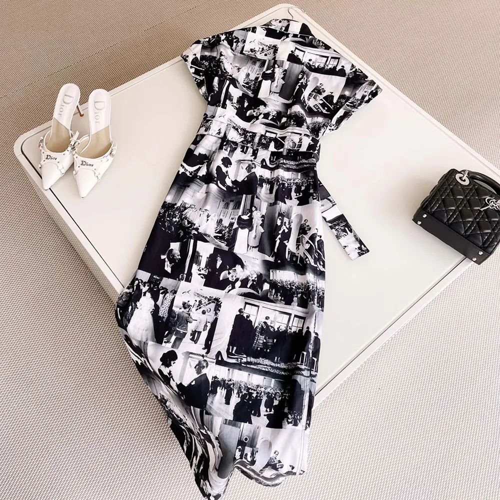 Side profile showing silhouette of Dior Women Mid-Length Shirtdress in black and white